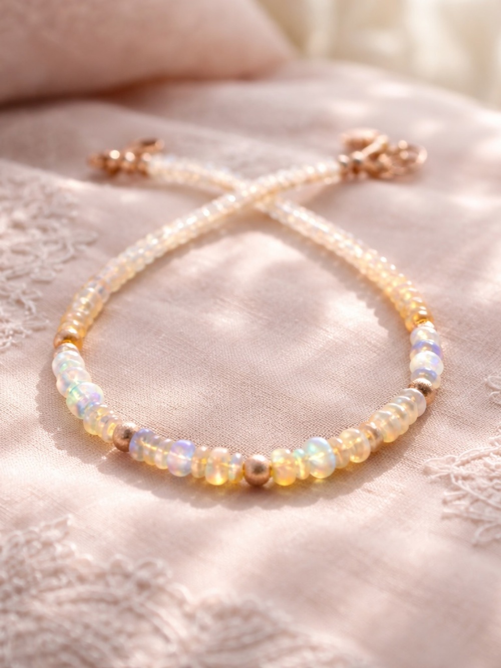 Handmade Natural Fire Opal Bracelet 14k Rose Gold Filled , 7.2" - 7.9"